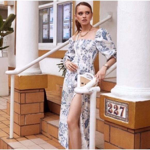 B71 Reformation Gitane Linen Midi Dress Womens XS Floral Cottagecore Puff Sleeve - Picture 3 of 9